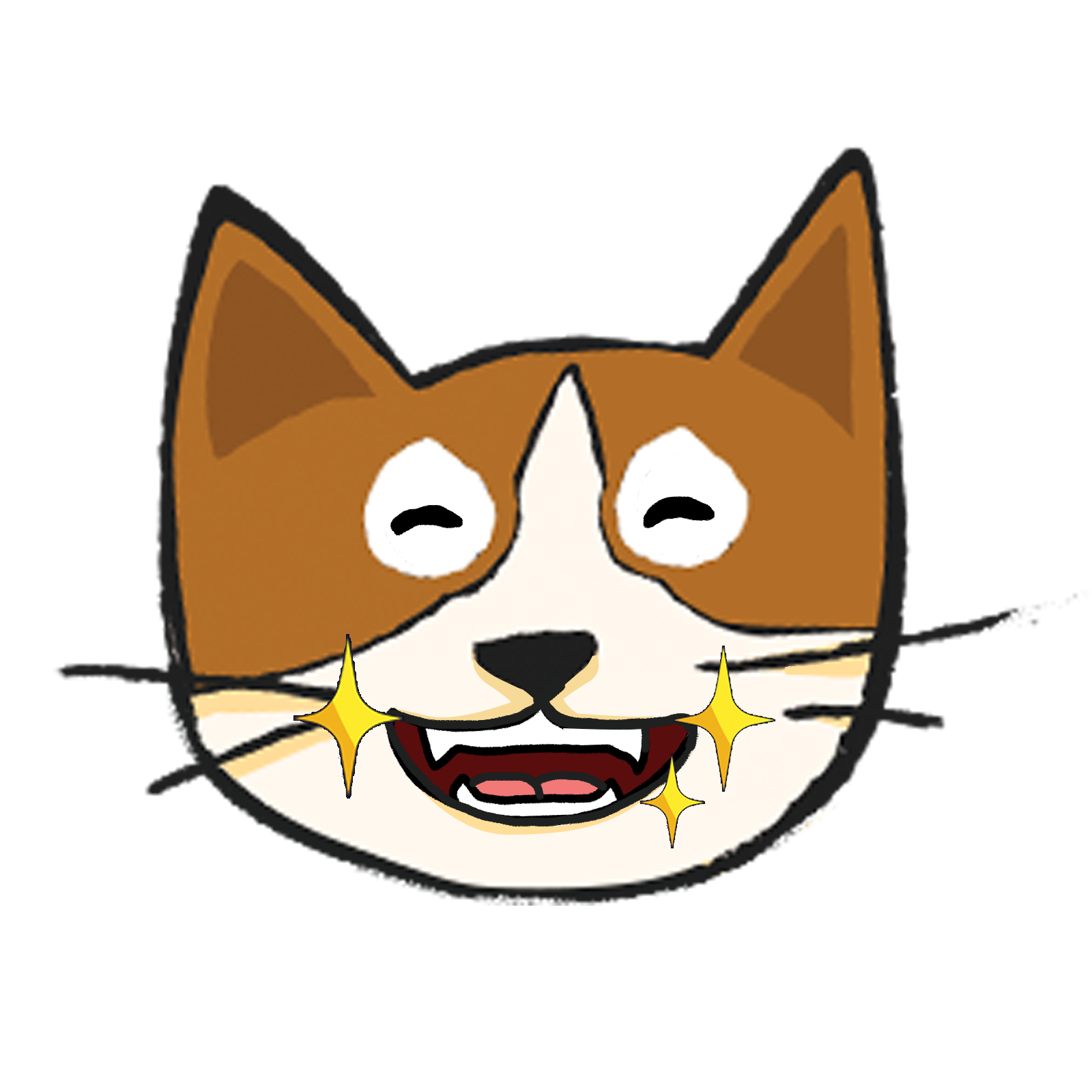 A cartoon illustration of a happy cat face with brown ears, closed smiling eyes, and sparkles.