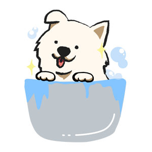 A cute cartoon illustration of a smiling white dog peeking out of a gray bathtub.