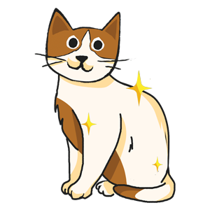Cartoon illustration of a smiling calico cat with brown and white fur, sitting upright with sparkle effects around its body.
