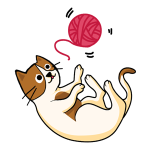 Playful cartoon cat lying on its back, batting at a pink ball of yarn floating above it with motion lines.