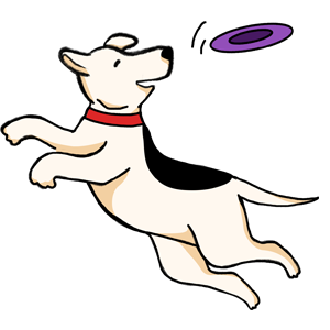 Playful cartoon dog with red collar leaps joyfully to catch a purple frisbee in mid-air, drawn in simple animated style.