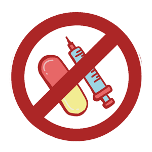 Illustration of a pill and syringe crossed out with a red prohibition sign, indicating no drugs or injections.