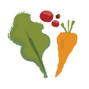 A simple illustration of fresh vegetables: a large green leafy vegetable, a carrot, and small red tomatoes or radishes.