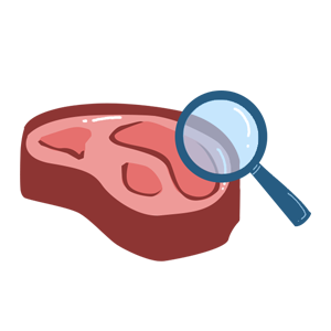 Illustration of a raw meat steak being examined with a magnifying glass.