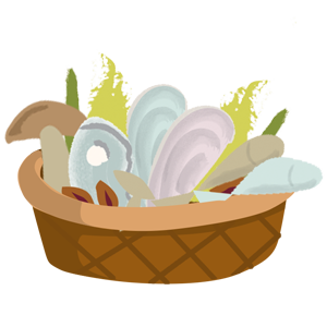 A woven basket filled with colorful Easter eggs and decorative spring elements like wheat stalks and leaves.