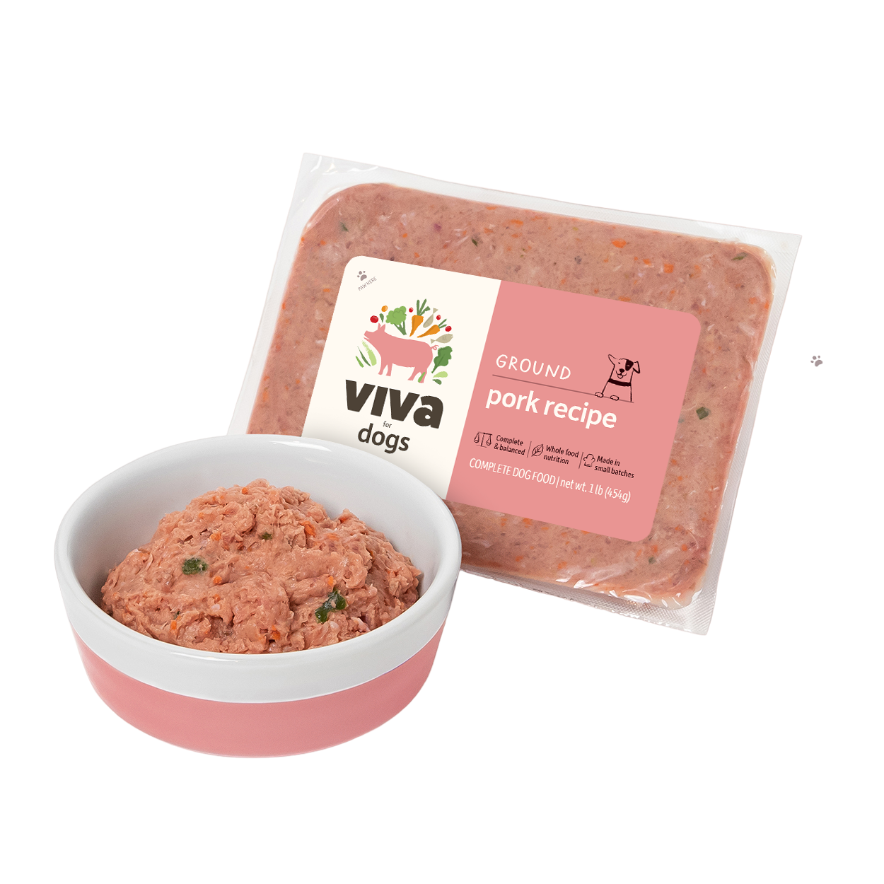 Viva Dogs ground pork recipe pet food packaging and bowl on a white background