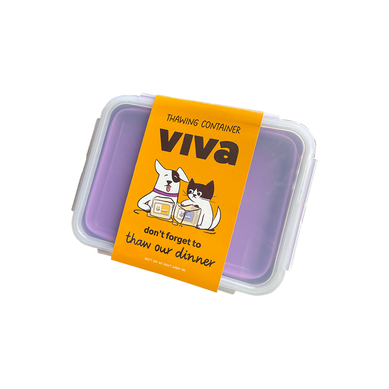 Purple thawing container with yellow sleeve